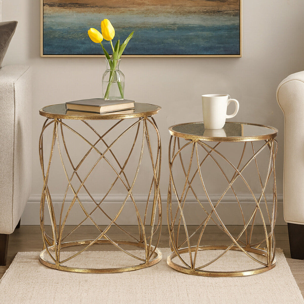 Orsina Arcana Set of 2 Round Mirrored Side Tables with Gold Frame