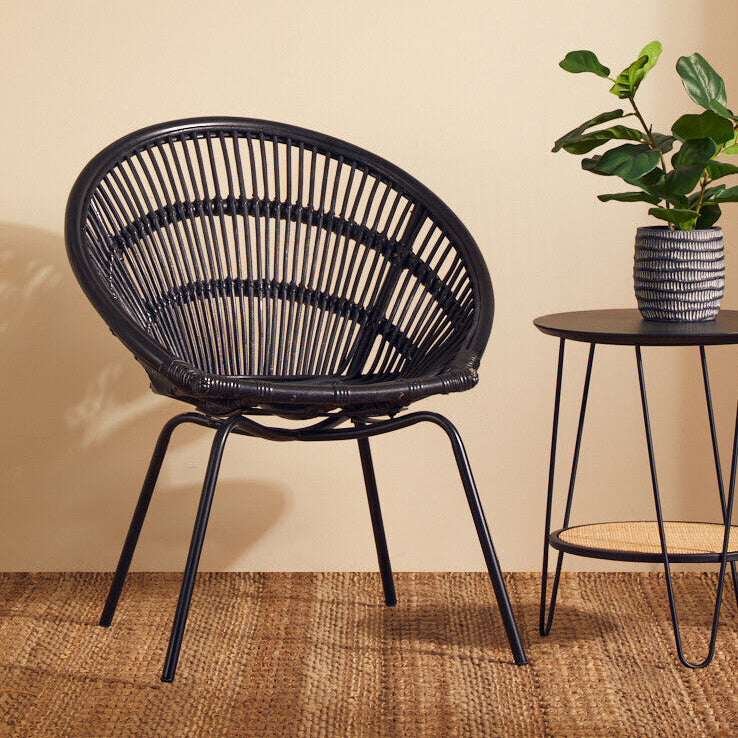 Orsina Lagom Black Natural Rattan Accent Chair with Iron Legs
