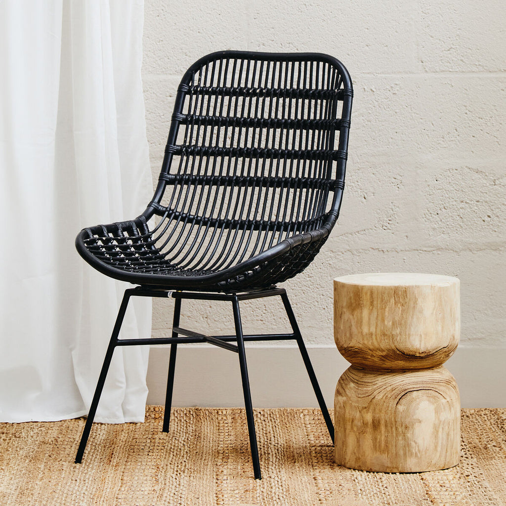 Orsina Lagom Black Natural Rattan Accent Chair – Curved Metal Frame