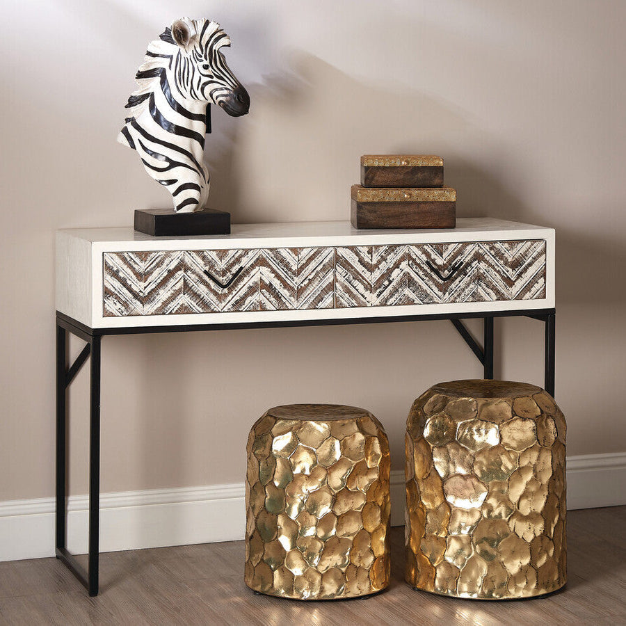 Orsina Lombok Console Table – 2 Drawer Geometric Wood with Metal Legs