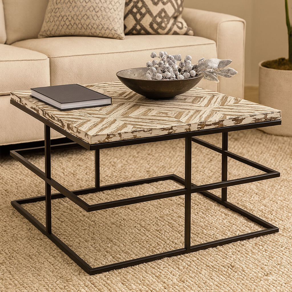 Orsina Lombok Wood Coffee Table – Geometric Pattern with Metal Frame