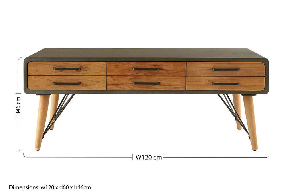 Orsina Trinity Coffee Table – Industrial Grey & Wood with 6 Drawers