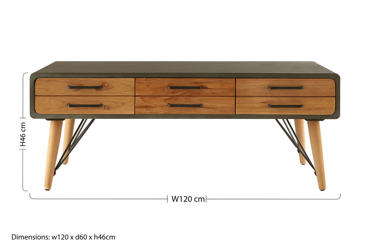 Orsina Trinity Coffee Table – Industrial Grey & Wood with 6 Drawers