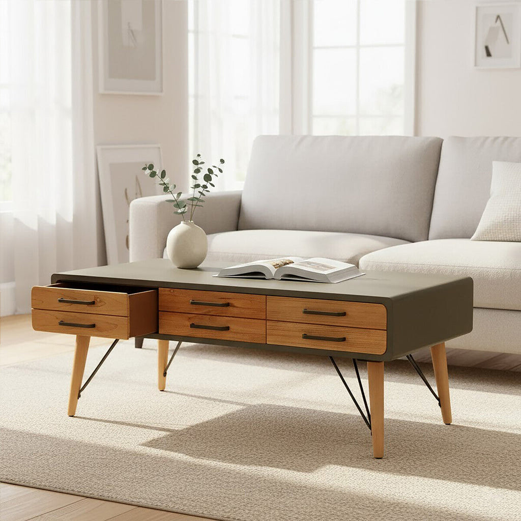 Orsina Trinity Coffee Table – Industrial Grey & Wood with 6 Drawers