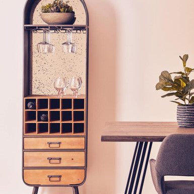 Orsina Trinity Bar Cabinet – Arched Metal & Fir Wood Wine Storage