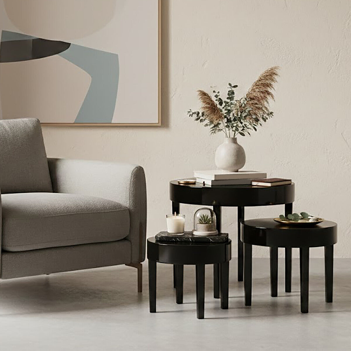 Orsina Moritz Nesting Tables – Set of 3 Black Pine Wood Side Tables