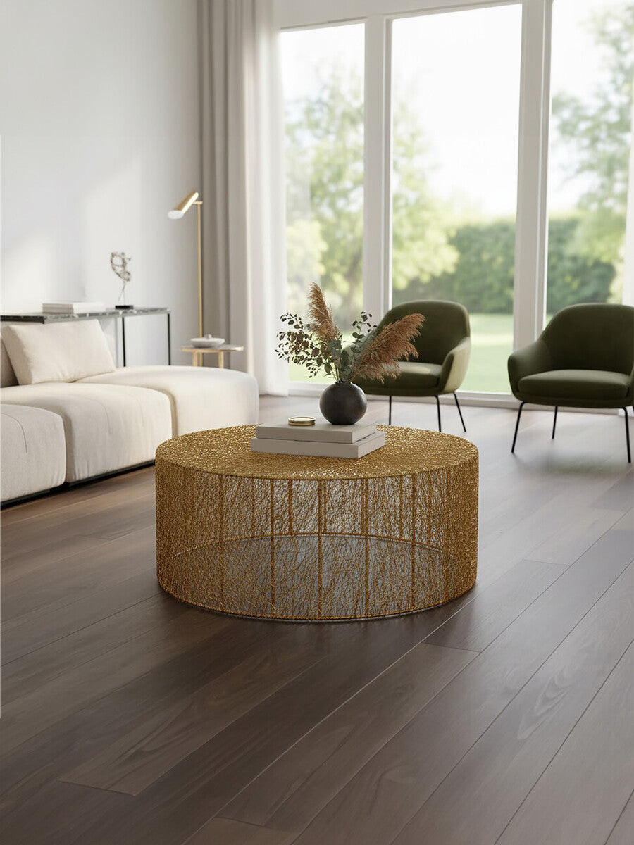 Orsina Templar Round Gold Iron Coffee Table – Modern Sculptural Design