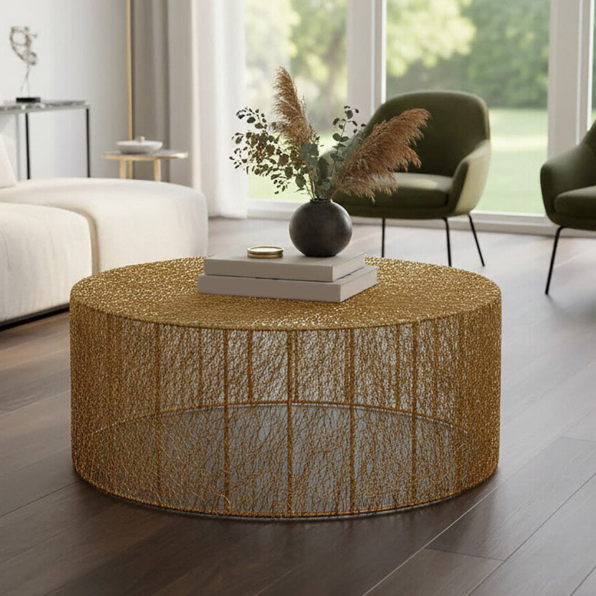 Orsina Templar Round Gold Iron Coffee Table – Modern Sculptural Design