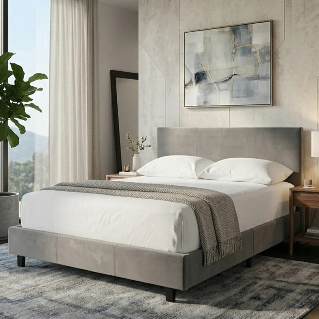 Orsina Napoli King Bed – Grey Upholstered Velvet Platform Bed