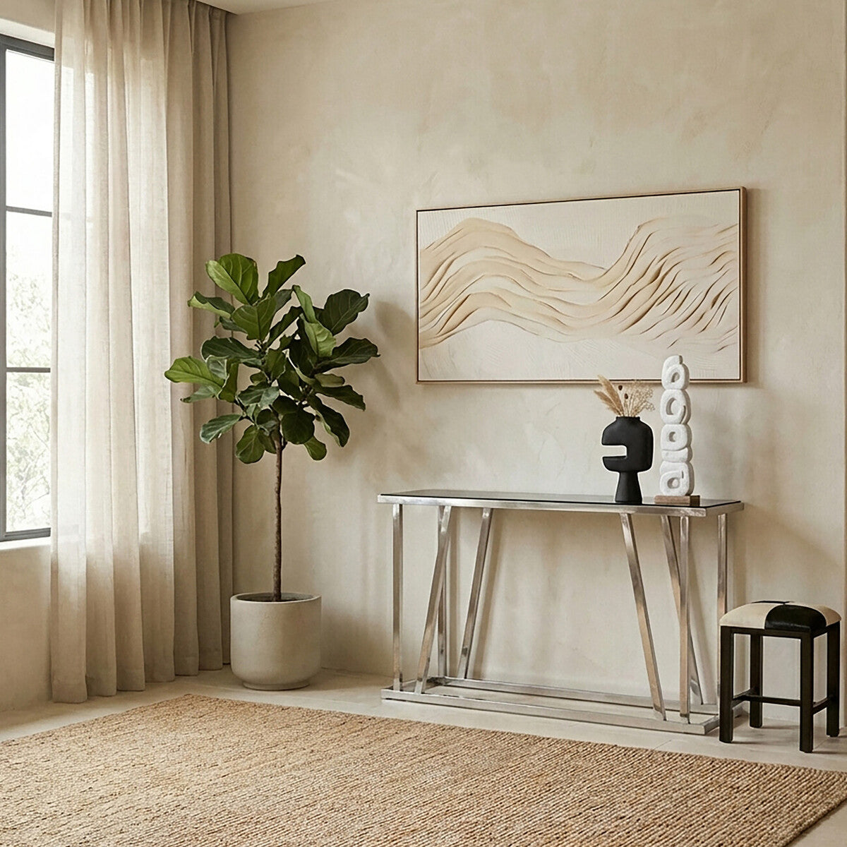 Orsina Ackley Console Table – Black Tempered Glass & Silver Stainless Steel
