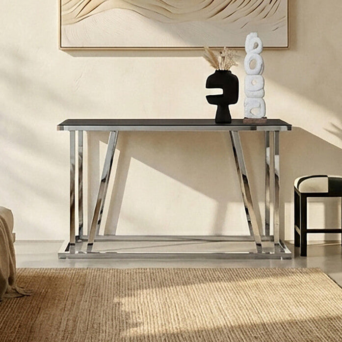 Orsina Ackley Console Table – Black Tempered Glass & Silver Stainless Steel