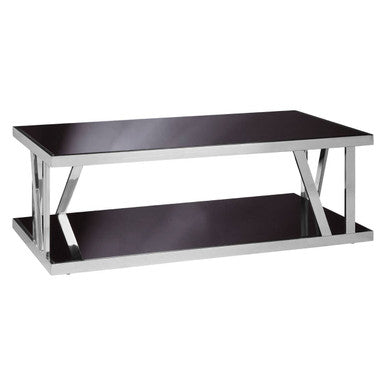 Orsina Ackley Silver Coffee Table | Black Tempered Glass & Stainless Steel