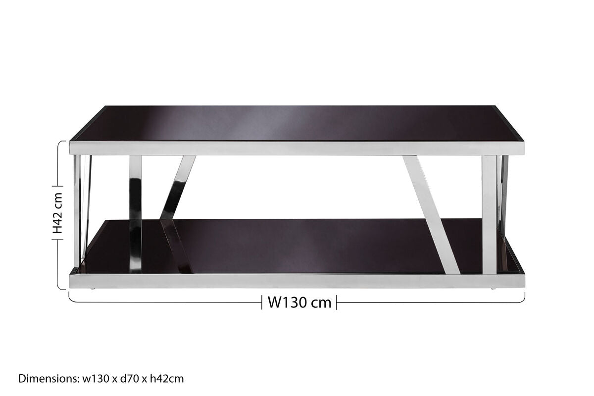 Orsina Ackley Silver Coffee Table | Black Tempered Glass & Stainless Steel