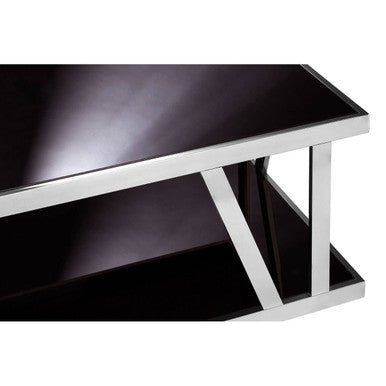 Orsina Ackley Silver Coffee Table | Black Tempered Glass & Stainless Steel