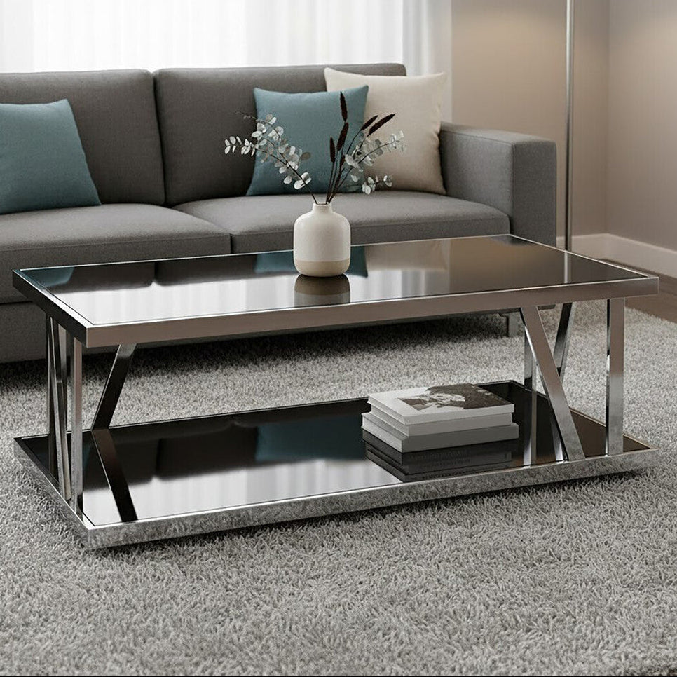 Orsina Ackley Silver Coffee Table | Black Tempered Glass & Stainless Steel