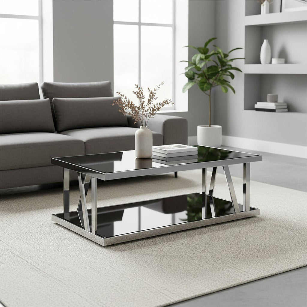 Orsina Ackley Silver Coffee Table | Black Tempered Glass & Stainless Steel