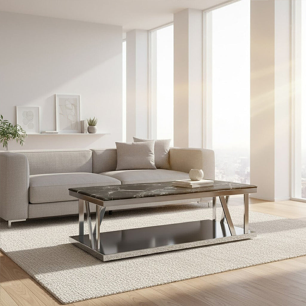 Orsina Black Marble Coffee Table – Silver Stainless Steel Base