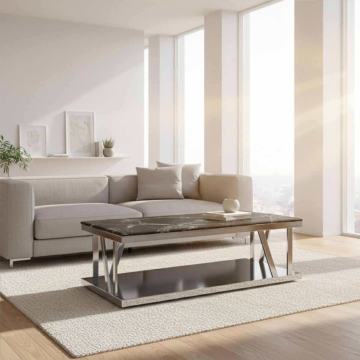 Orsina Black Marble Coffee Table – Silver Stainless Steel Base