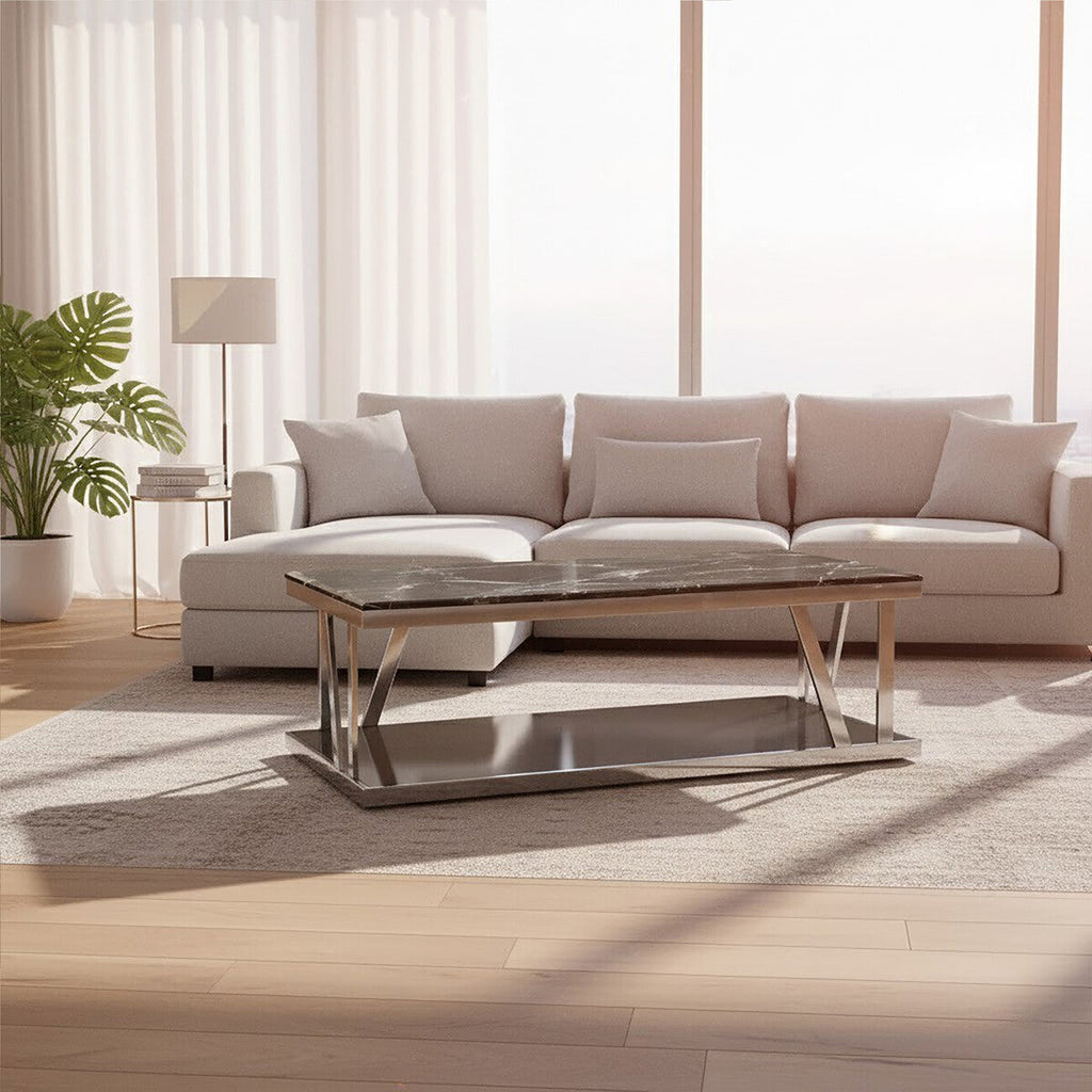 Orsina Black Marble Coffee Table – Silver Stainless Steel Base