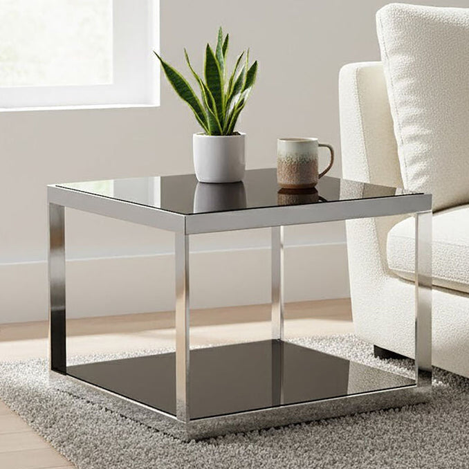 Orsina Ackley Square Coffee Table – Silver Metal and Black Glass