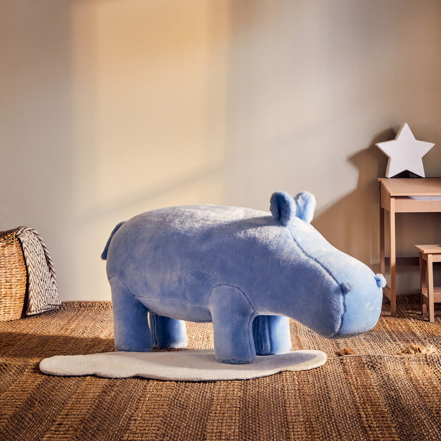 Orsina Hippo Animal Stool – Kids Blue Fabric Ottoman for Nursery