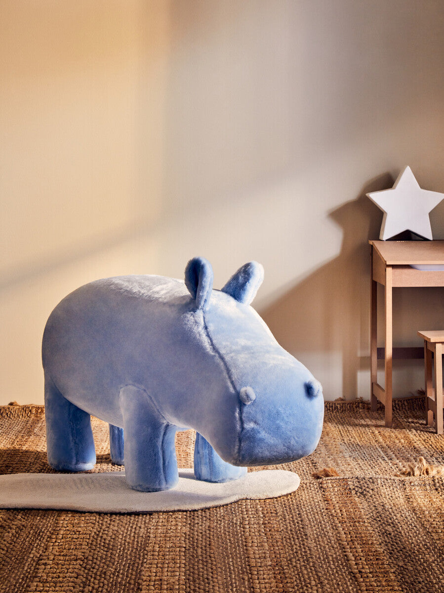 Orsina Hippo Animal Stool – Kids Blue Fabric Ottoman for Nursery