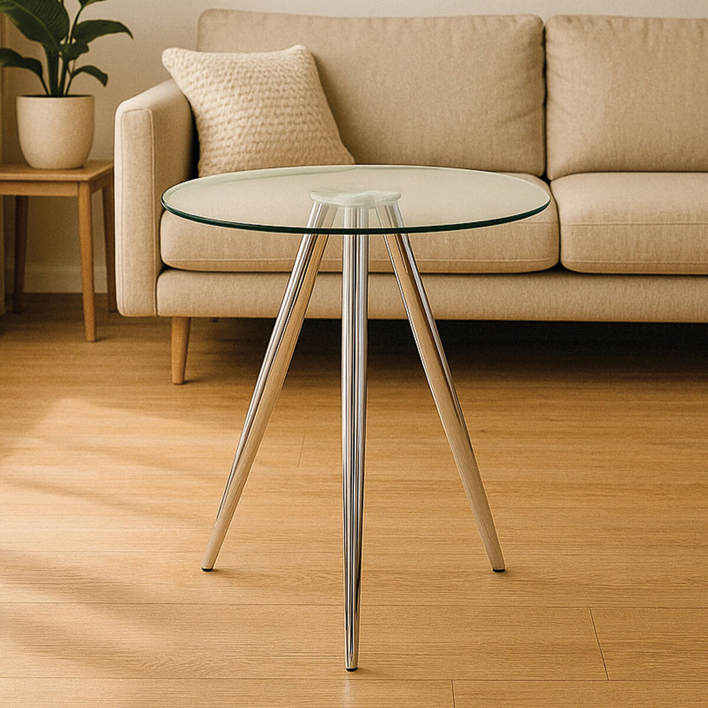 Orsina Barton Round Glass Bar Table – Chrome Tripod Base Bistro Table