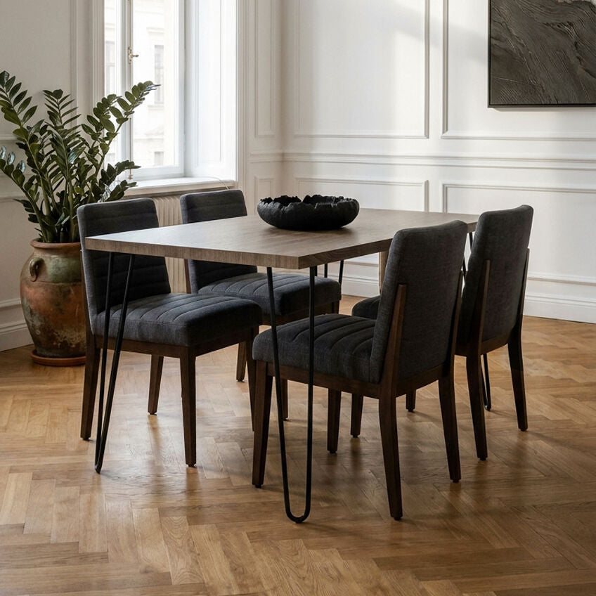 Orsina Borough Rustic Veneer Dining Table with Black Hairpin Legs