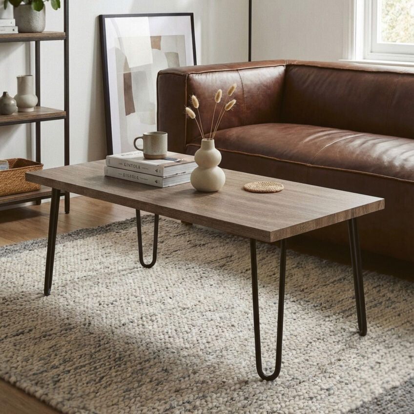 Orsina Borough Coffee Table – Industrial Veneer Top with Metal Legs