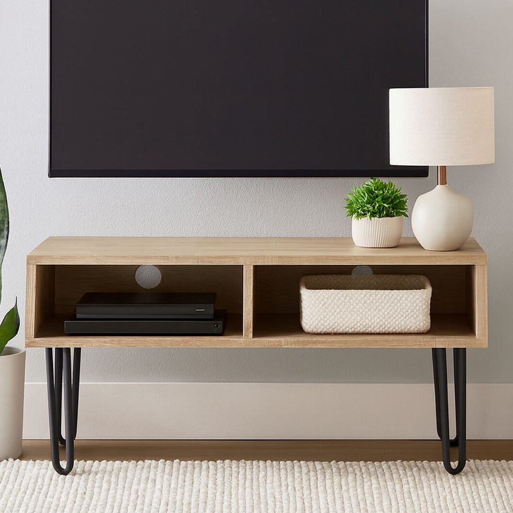 Orsina Borough Media Unit – Wood TV Stand with Black Hairpin Legs