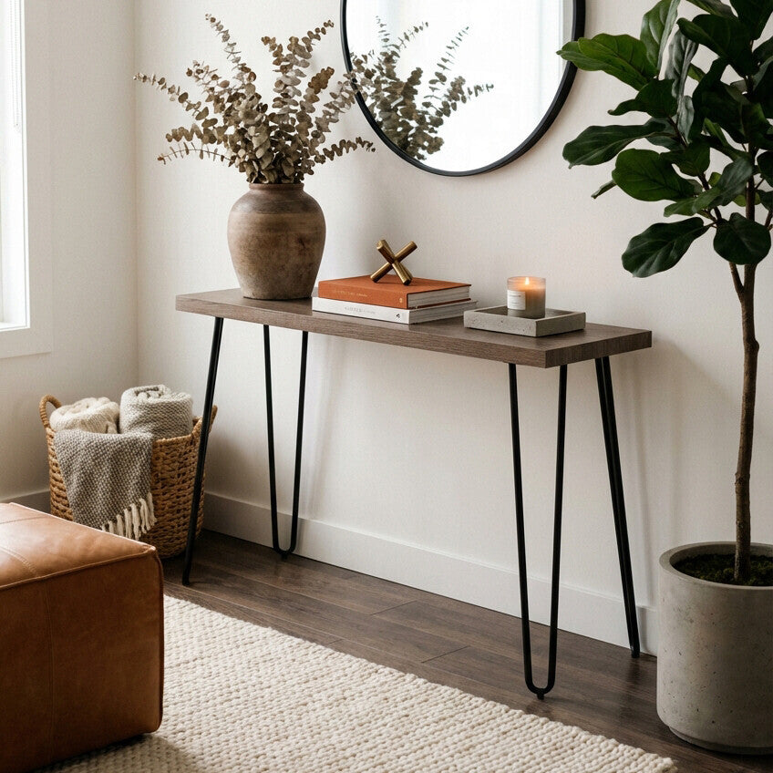 Orsina Borough Console Table – Industrial Wood Veneer & Hairpin Legs