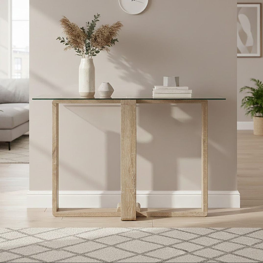 Orsina Barton Glass Console Table with Wood Effect Legs – Modern Scandi