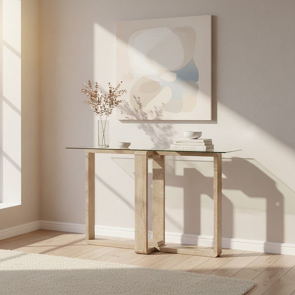 Orsina Barton Glass Console Table with Wood Effect Legs – Modern Scandi