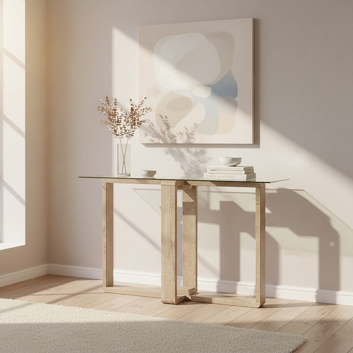 Orsina Barton Glass Console Table with Wood Effect Legs – Modern Scandi