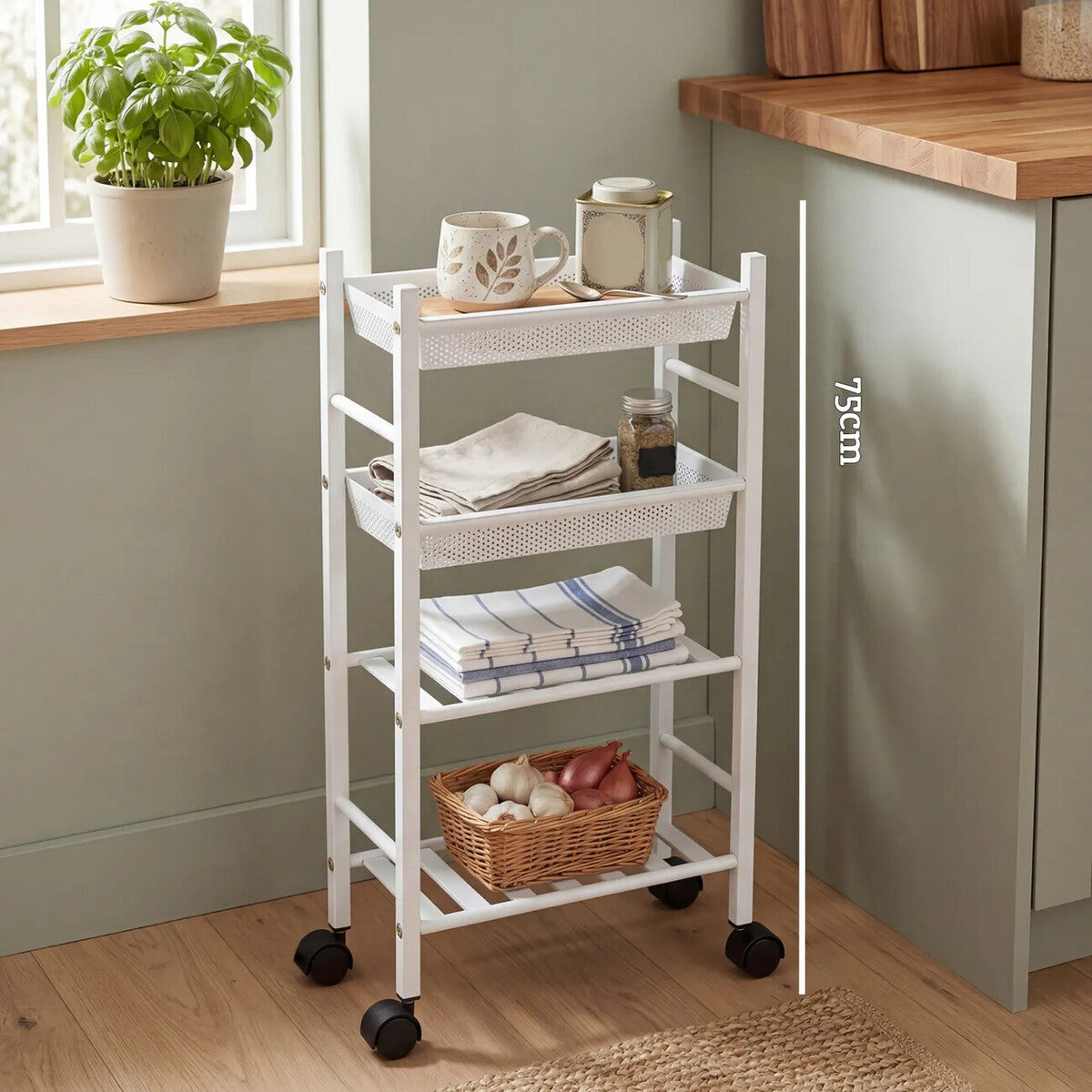 Orsina Dara 4 Tier White Rolling Storage Trolley with Basket Cart