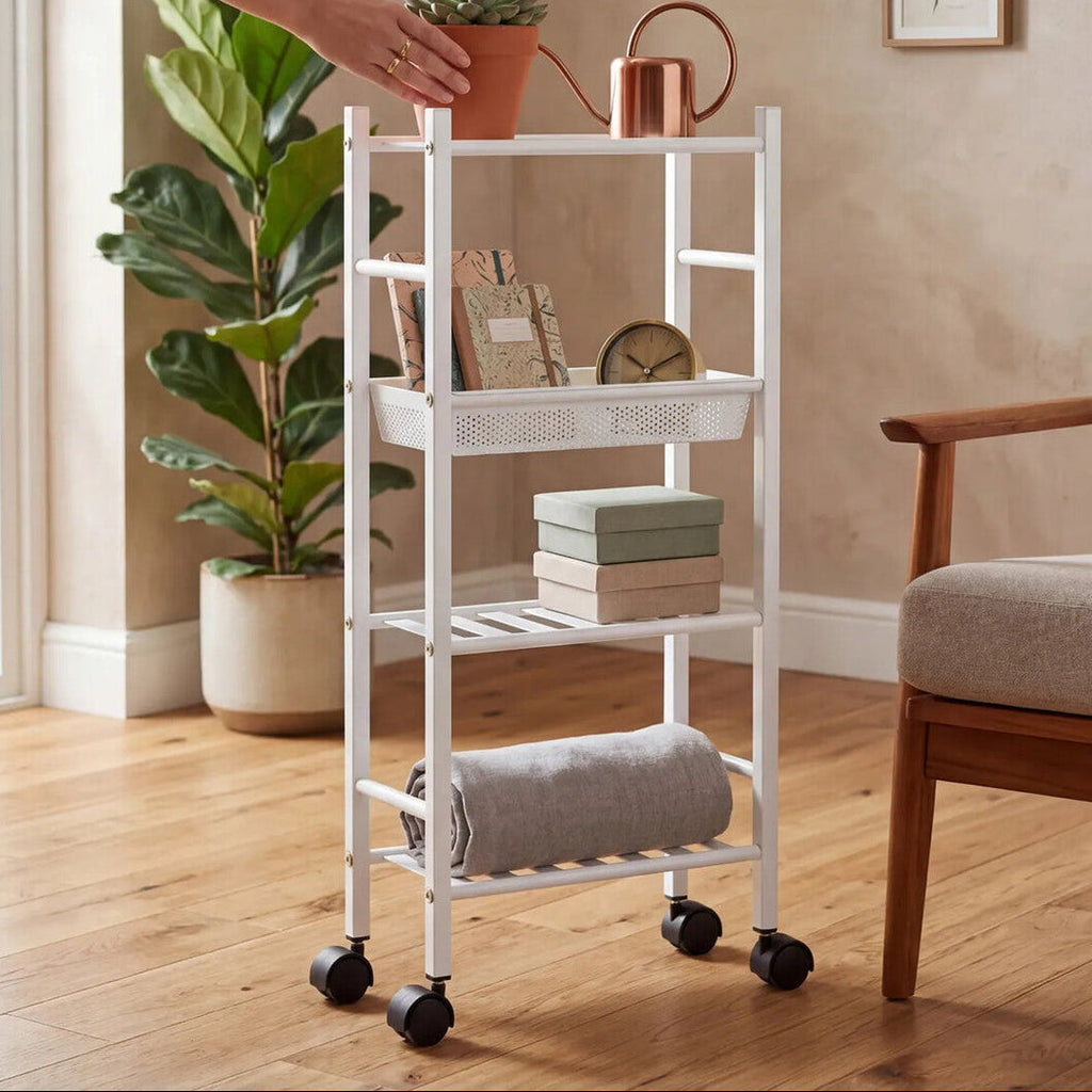 Orsina Dara 4 Tier White Rolling Storage Trolley with Basket Cart