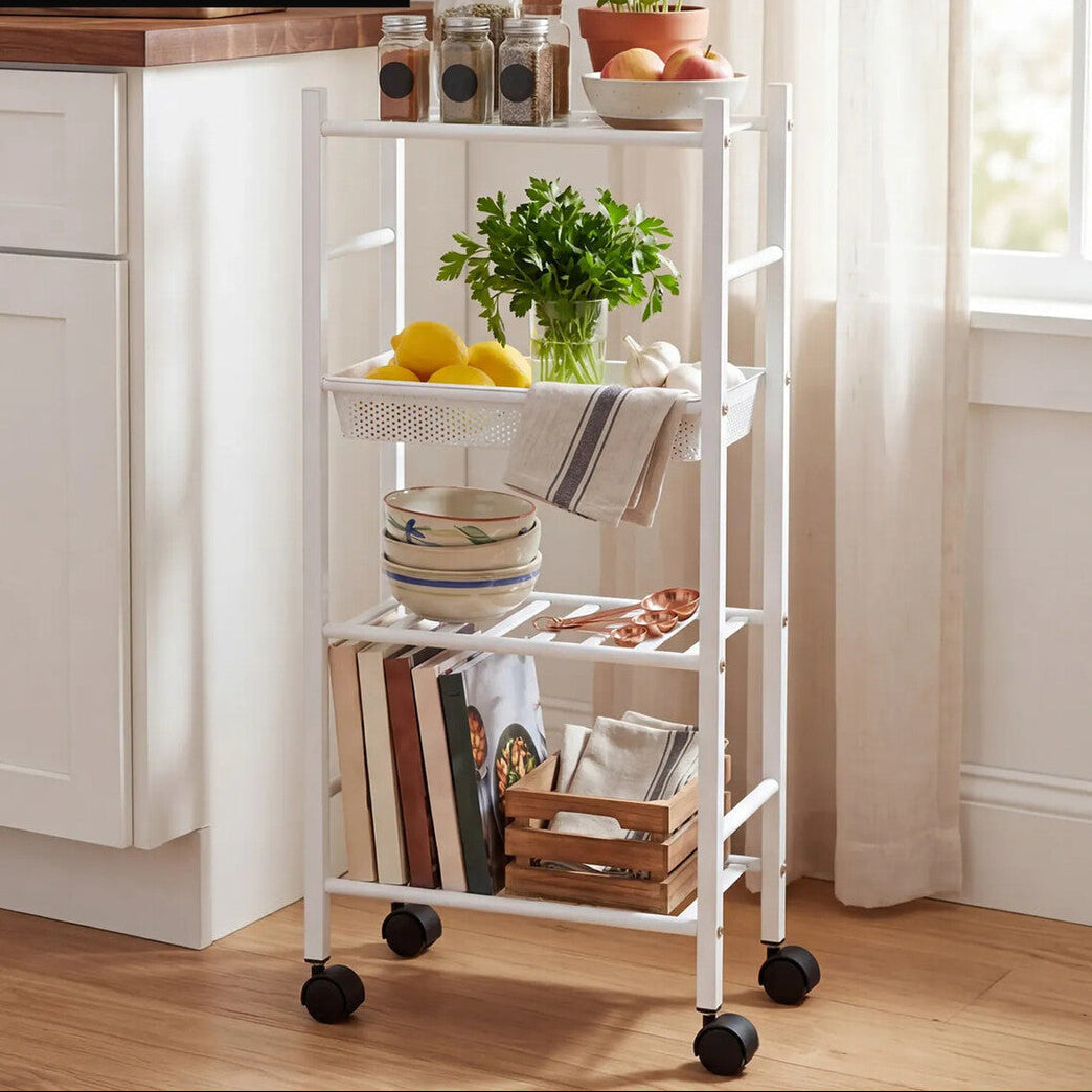 Orsina Dara 4 Tier White Rolling Storage Trolley with Basket Cart