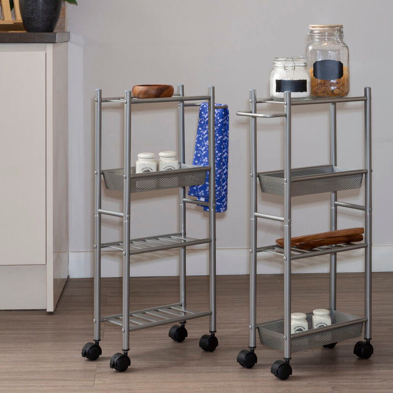 Orsina Dara 4 Tier Silver Metal Rolling Storage Trolley with Basket