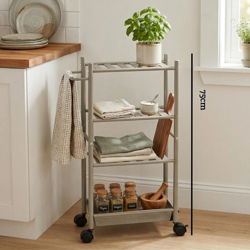 Orsina Dara 4 Tier Silver Metal Rolling Storage Trolley with Basket