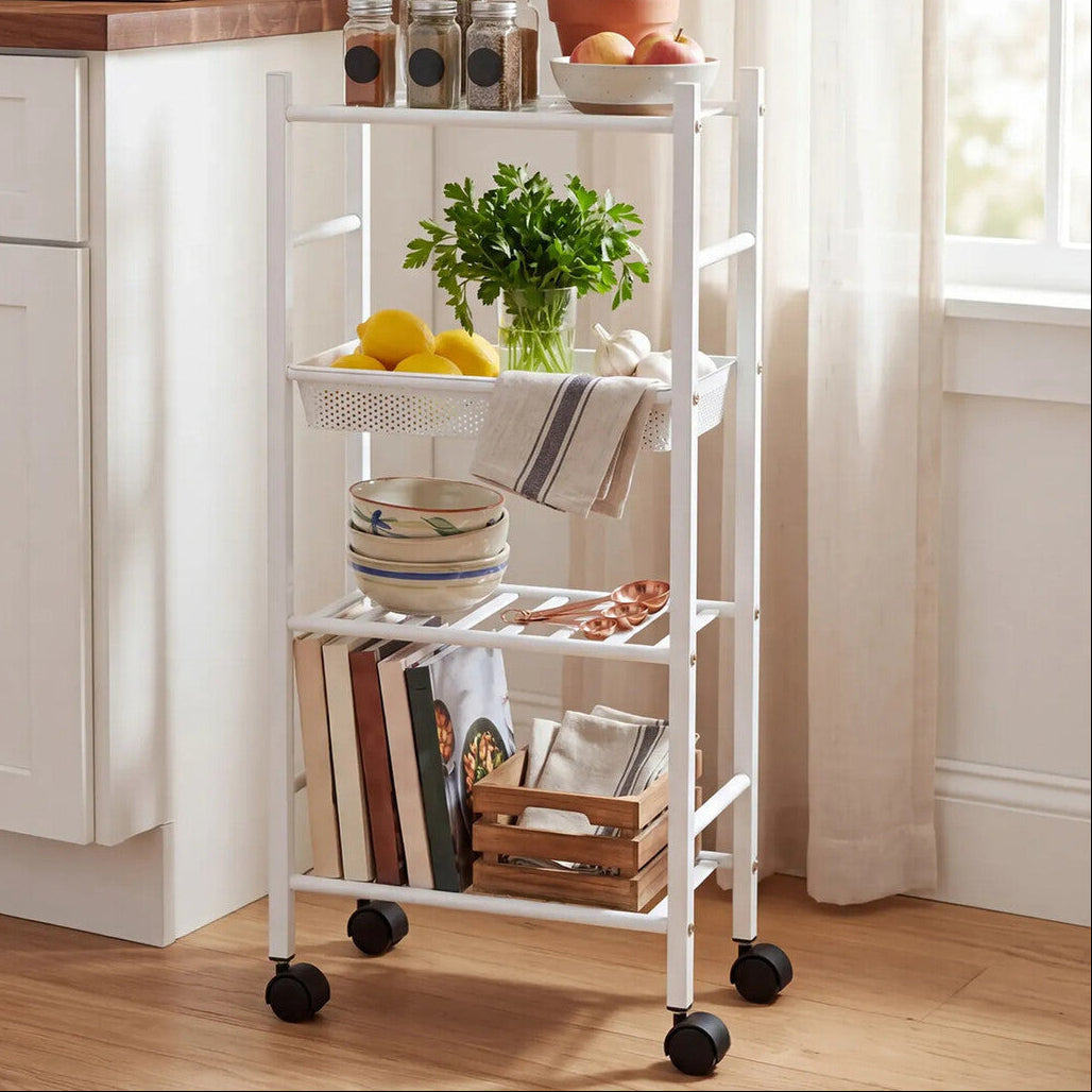 Orsina Dara 4 Tier Silver Metal Rolling Storage Trolley with Basket