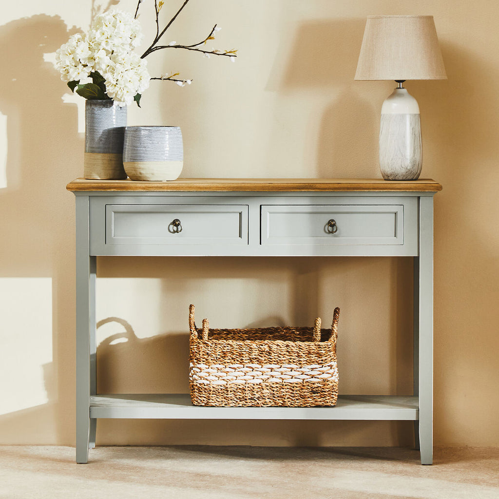 Orsina Henley Console Table – Antique Grey Paulownia Wood with Drawers