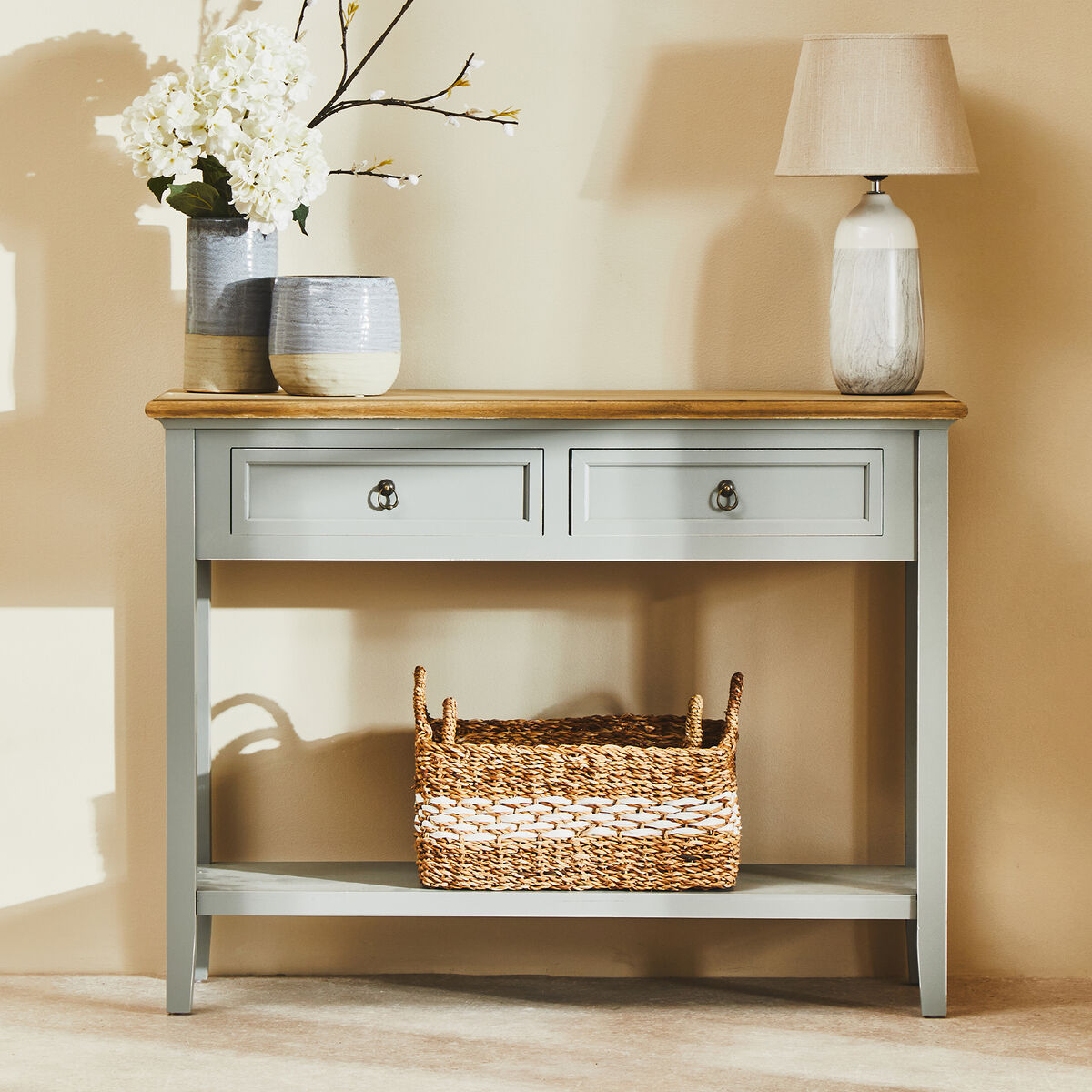 Orsina Henley Console Table – Antique Grey Paulownia Wood with Drawers