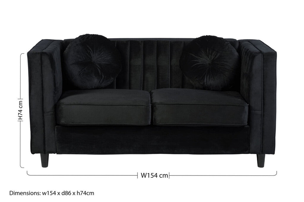 Orsina Farah 2 Seater Black Velvet Sofa | Compact Modern Loveseat