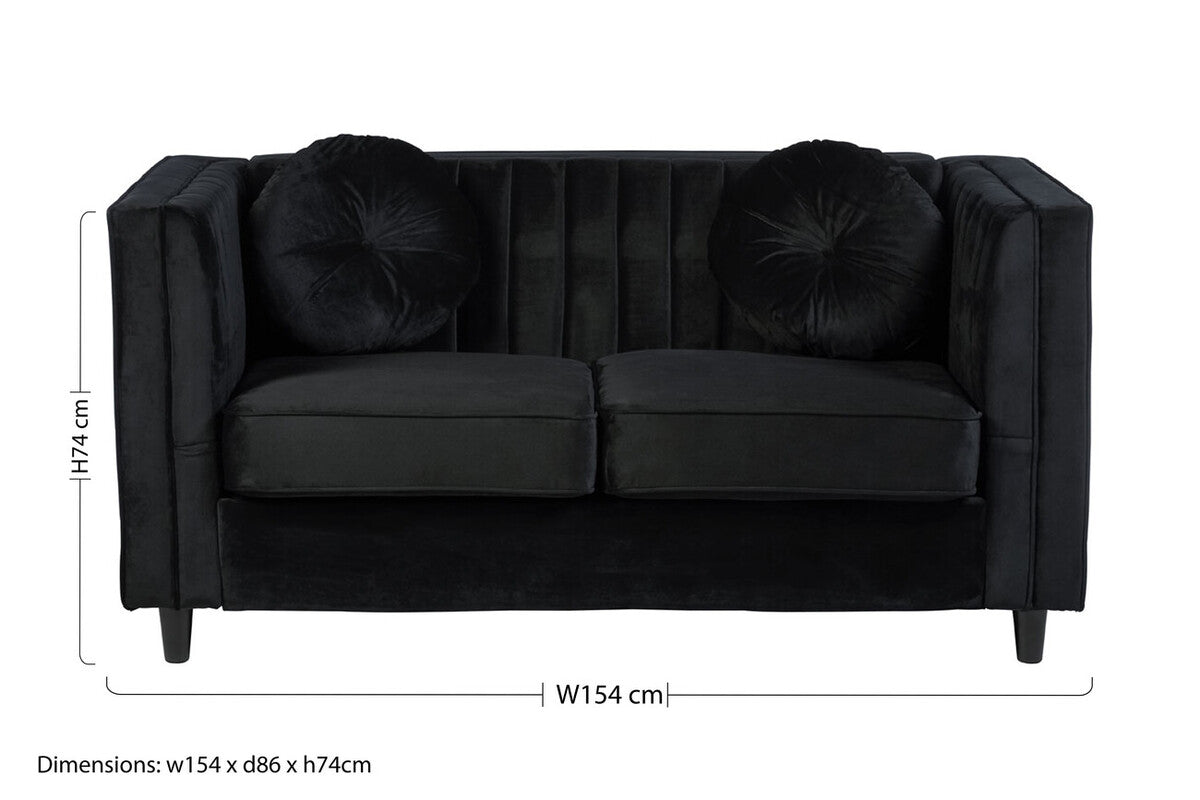 Orsina Farah 2 Seater Black Velvet Sofa | Compact Modern Loveseat