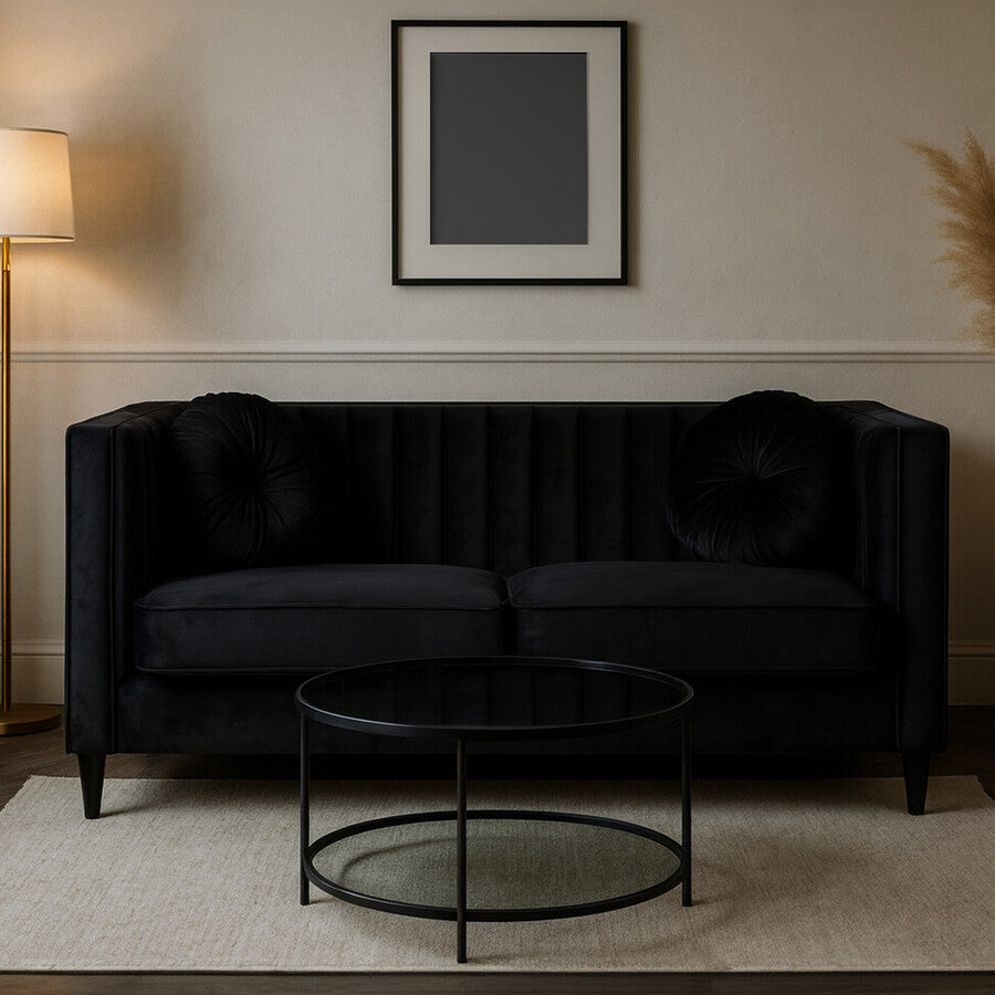 Orsina Farah 2 Seater Black Velvet Sofa | Compact Modern Loveseat