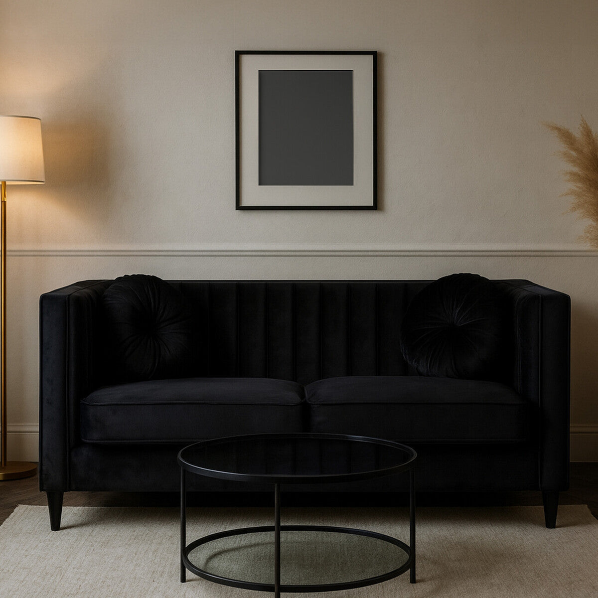 Orsina Farah 2 Seater Black Velvet Sofa | Compact Modern Loveseat