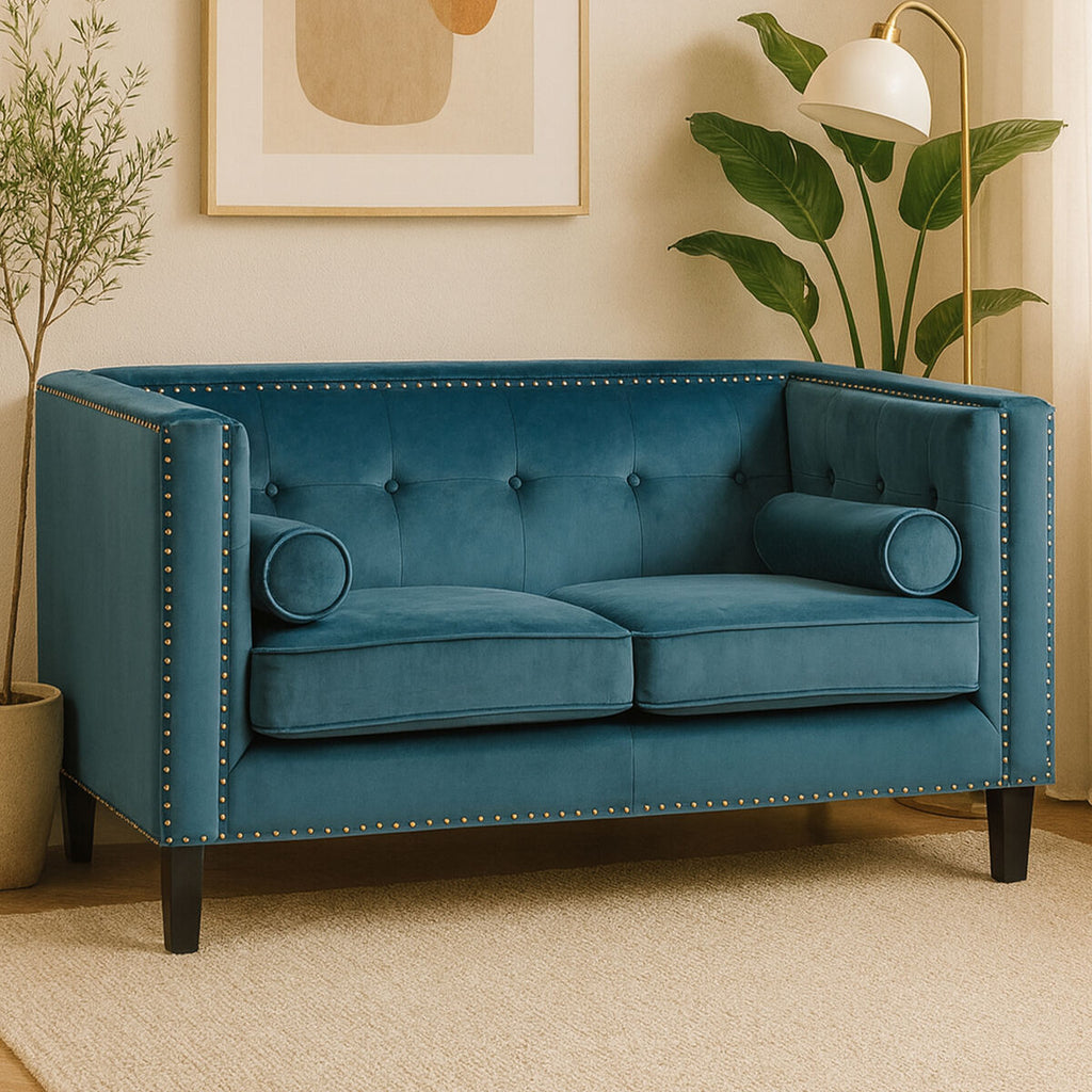 Orsina Felisa 2 Seater Teal Blue Velvet Sofa | Compact Apartment Loveseat