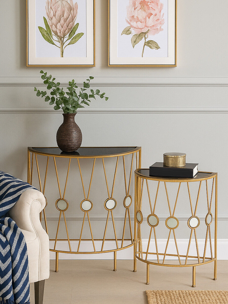 Orsina Faiza Console Tables – Set of 2 Gold & Black Glass Art Deco