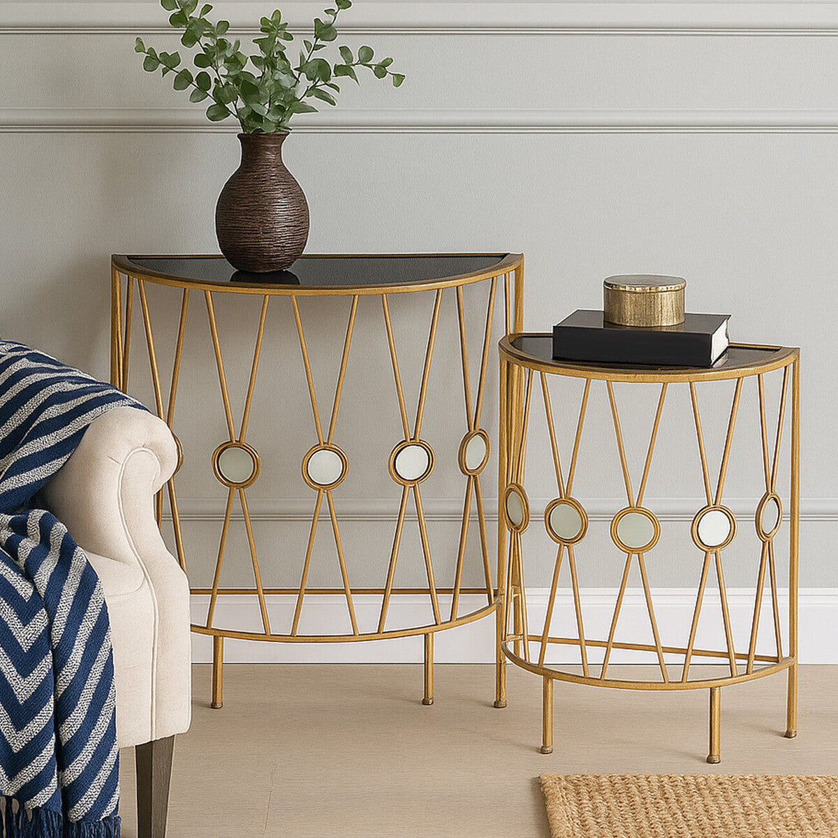 Orsina Faiza Console Tables – Set of 2 Gold & Black Glass Art Deco