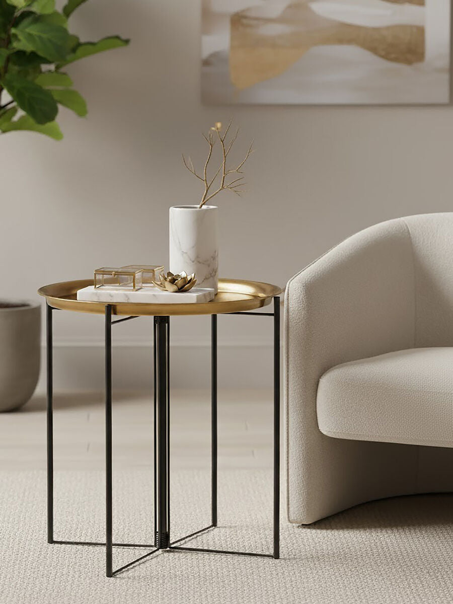 Orsina Hege Large Round Brass Side Table with Black Metal Base
